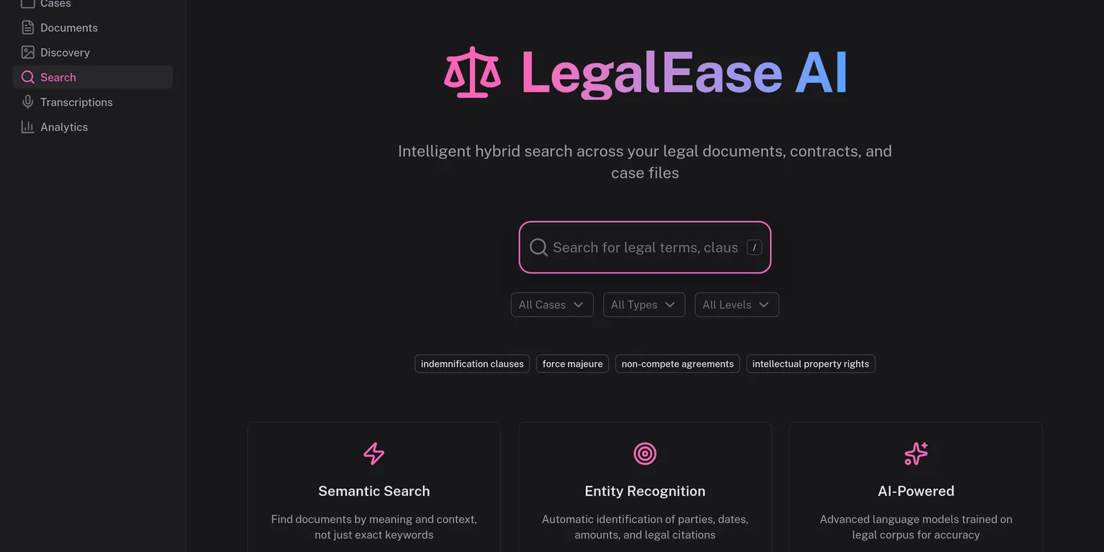LegalEase AI search page in the dark pink theme, with the hybrid search box and filters for cases, types and levels