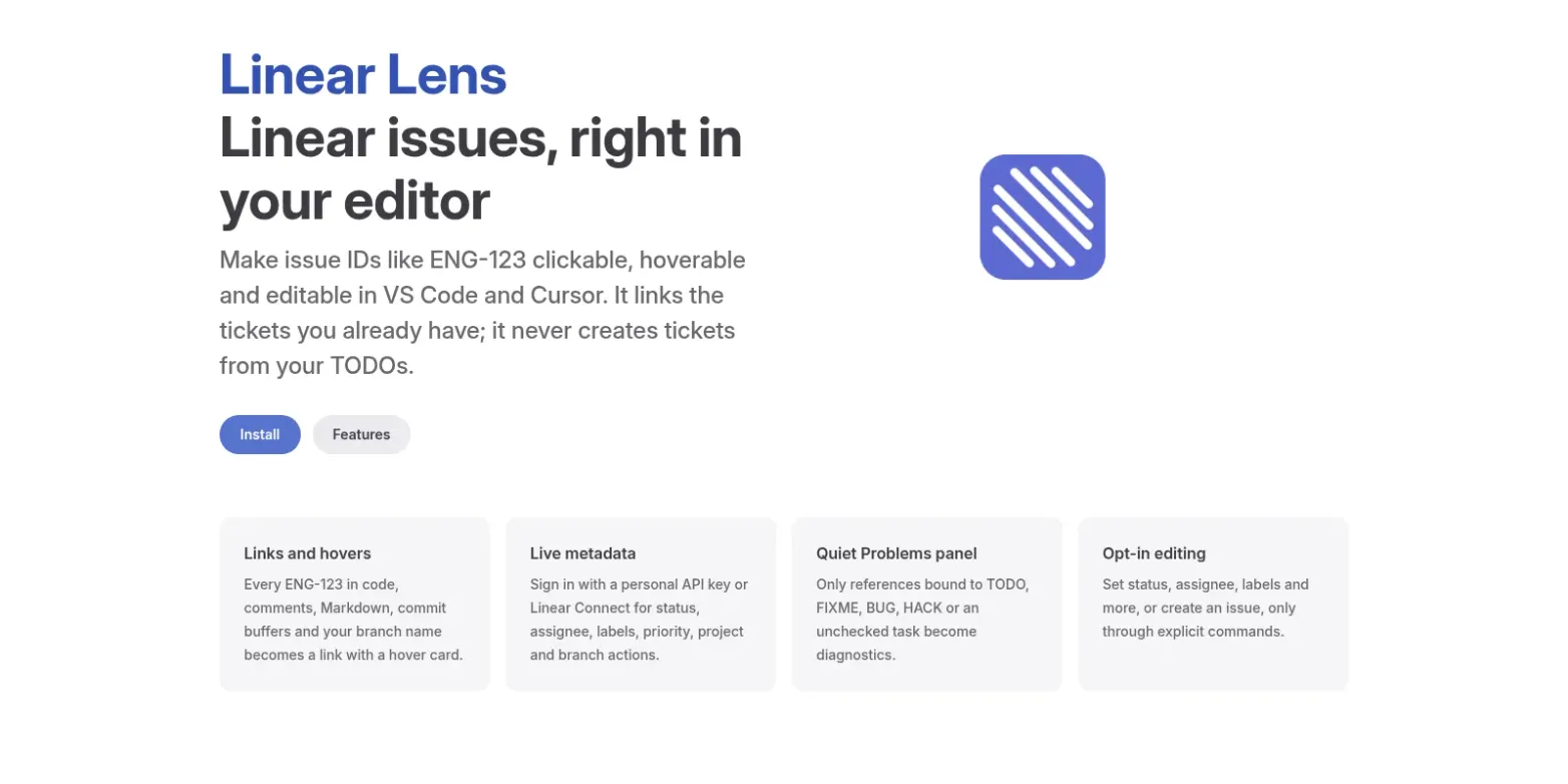 The Linear Lens docs site: "Linear issues, right in your editor", with the extension's blue striped icon and four feature cards for links, live metadata, the Problems panel and opt-in editing.
