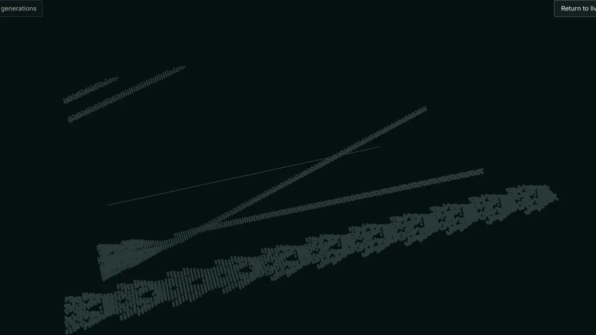 AFTERLIFE's Time Sculpture: 165 recorded generations of the opening scene stacked in 3D, with each glider's path showing as an inclined beam.