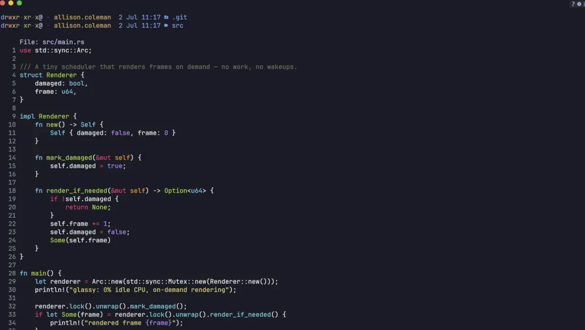 The Glassy terminal showing a directory listing and syntax-highlighted Rust source.