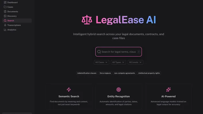 LegalEase AI search page in the dark pink theme, with the hybrid search box and filters for cases, types and levels