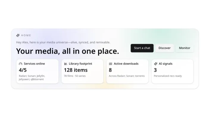 Assistarr home hero: "Your media, all in one place." with Start a chat, Discover and Monitor buttons, and four stat cards for services online, library size, active downloads and AI signals.