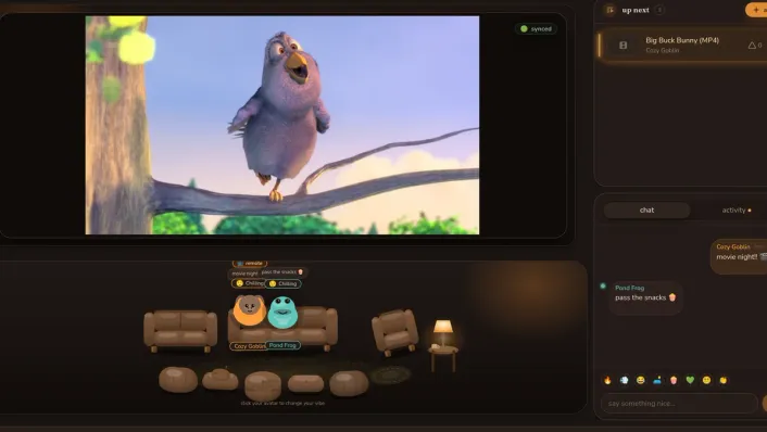 A CouchCircle room: a synced video on the stage and two avatars on a couch in an illustrated living room.