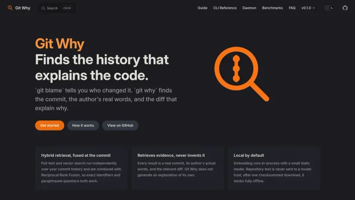 Git Why docs site: "Finds the history that explains the code", with an orange magnifying glass over a line of commits.