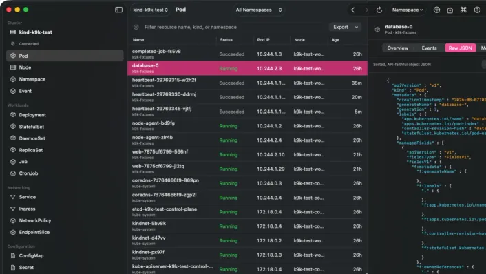 K9k inspector showing a Pod's raw JSON object with syntax highlighting beside the live resource table.