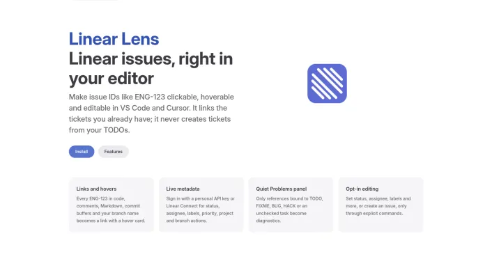 The Linear Lens docs site: "Linear issues, right in your editor", with the extension's blue striped icon and four feature cards for links, live metadata, the Problems panel and opt-in editing.