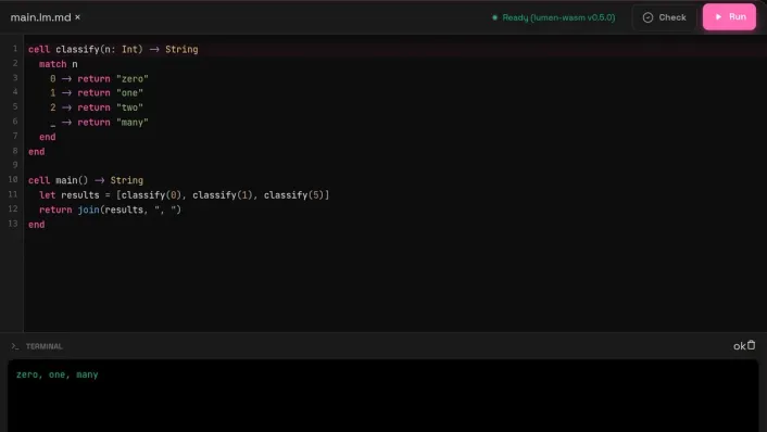 The Lumen browser playground running a pattern-matching program compiled to WebAssembly; the terminal prints "zero, one, many".
