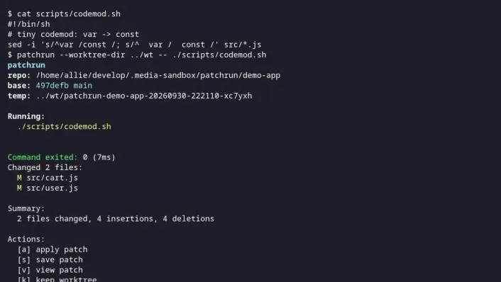Terminal running patchrun on a sample repo: the command exited 0, two files changed with 4 insertions and 4 deletions, and a menu offers apply, save, view, keep worktree or discard.