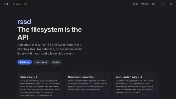rssd docs site: "The filesystem is the API", a daemon that turns RSS and Atom feeds into a directory tree.