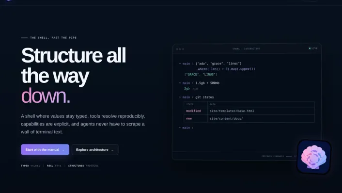Shoal landing page: "Structure all the way down", beside a terminal showing typed values, unit arithmetic and a structured git status table.