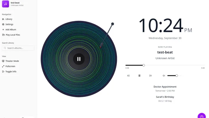 Spinnerr playing a local test track: a green generative vinyl record with the tone arm down, a large clock, the track title and progress bar, and two sample calendar events.