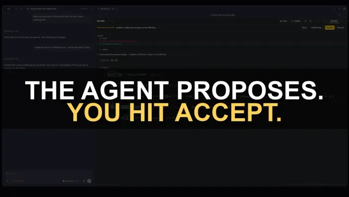 Video thumbnail reading "The agent proposes. You hit accept." over a Strudel editor showing an agent proposal diff.