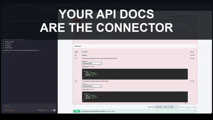 Video thumbnail reading "Your API docs are the connector" over Swagger UI with an agent chat beside it.
