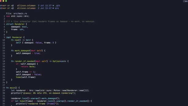 The Glassy terminal showing a directory listing and syntax-highlighted Rust source.