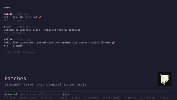 The Patches terminal client: a chronological home feed of three posts, connected to patches-social.fly.dev, with keyboard hints.