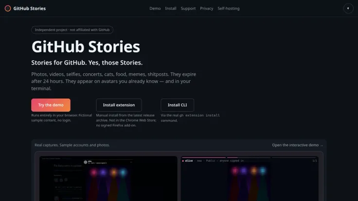 GitHub Stories landing page: "Stories for GitHub. Yes, those Stories.", with links to the demo, extension and CLI.