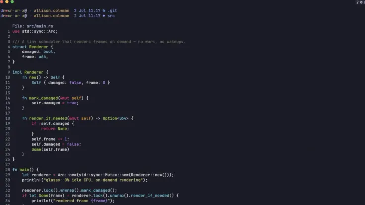 The Glassy terminal showing a directory listing and syntax-highlighted Rust source.