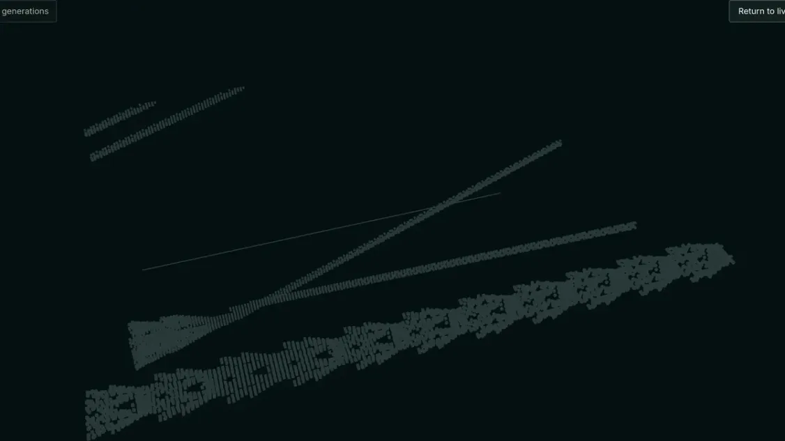 AFTERLIFE's Time Sculpture: 165 recorded generations of the opening scene stacked in 3D, with each glider's path showing as an inclined beam.