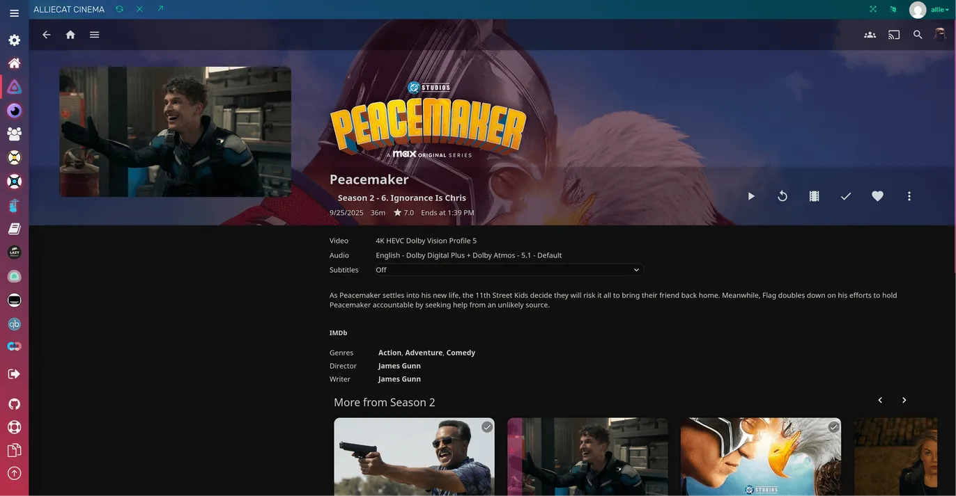An episode page in Jellyfin on Allie Cat Cinema, showing 4K HEVC Dolby Vision video with Dolby Atmos audio