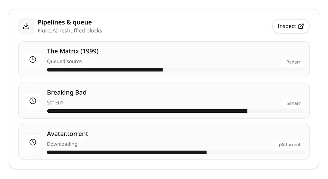The Assistarr downloads widget, titled "Pipelines & queue", listing three sample items with progress bars and the services they come from: Radarr, Sonarr and qBittorrent.