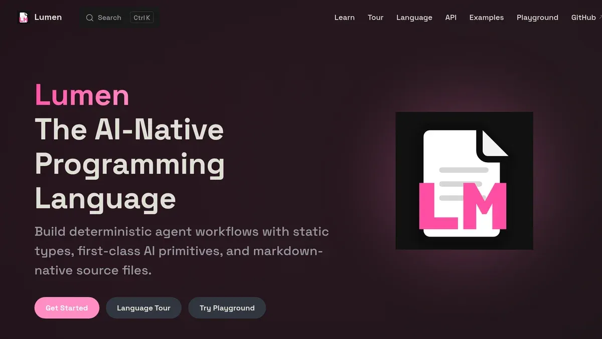 Lumen docs home: "The AI-Native Programming Language", with the pink LM document logo.