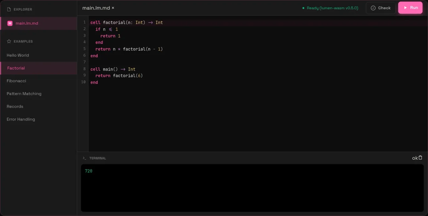 The Lumen playground running a factorial program; the terminal prints 720.