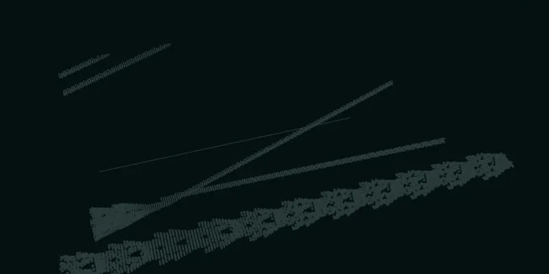 AFTERLIFE's Time Sculpture: 165 recorded generations of the opening scene stacked in 3D, with each glider's path showing as an inclined beam.