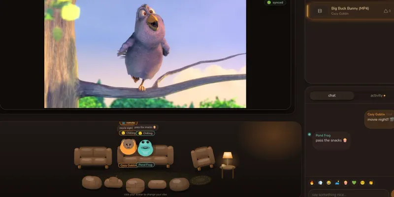 A CouchCircle room: a synced video on the stage and two avatars on a couch in an illustrated living room.