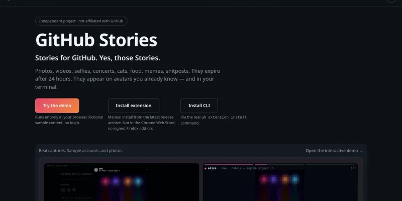 GitHub Stories landing page: "Stories for GitHub. Yes, those Stories.", with links to the demo, extension and CLI.