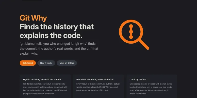 Git Why docs site: "Finds the history that explains the code", with an orange magnifying glass over a line of commits.
