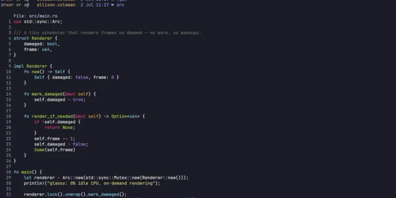 The Glassy terminal showing a directory listing and syntax-highlighted Rust source.