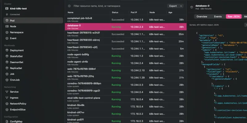 K9k inspector showing a Pod's raw JSON object with syntax highlighting beside the live resource table.