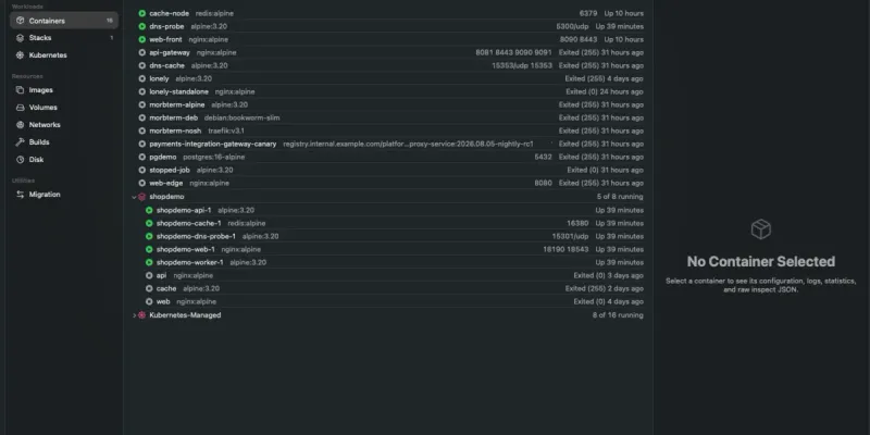 Morbstack's native macOS Containers window: 38 containers, with a Compose project and the Kubernetes system containers each collapsed into one grouped row.
