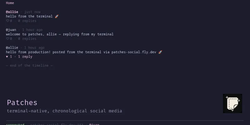 The Patches terminal client: a chronological home feed of three posts, connected to patches-social.fly.dev, with keyboard hints.