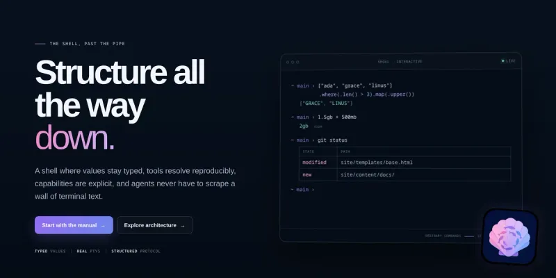 Shoal landing page: "Structure all the way down", beside a terminal showing typed values, unit arithmetic and a structured git status table.