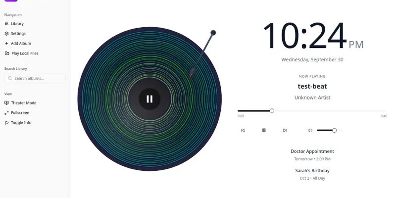 Spinerr playing a local test track: a green generative vinyl record with the tone arm down, a large clock, the track title and progress bar, and two sample calendar events.