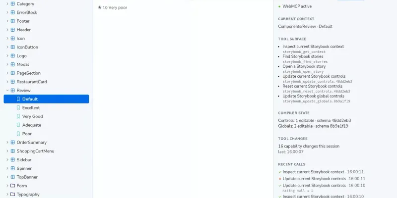 Storybook with a WebMCP panel listing the story tools an agent can call and its recent calls.