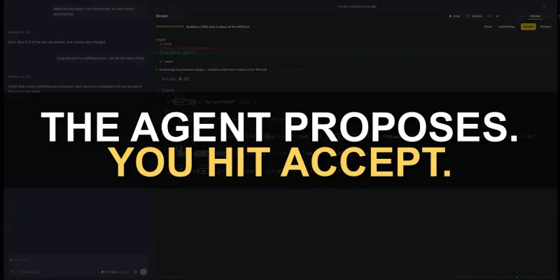 Video thumbnail reading "The agent proposes. You hit accept." over a Strudel editor showing an agent proposal diff.