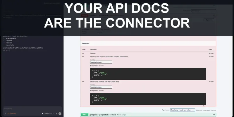 Video thumbnail reading "Your API docs are the connector" over Swagger UI with an agent chat beside it.
