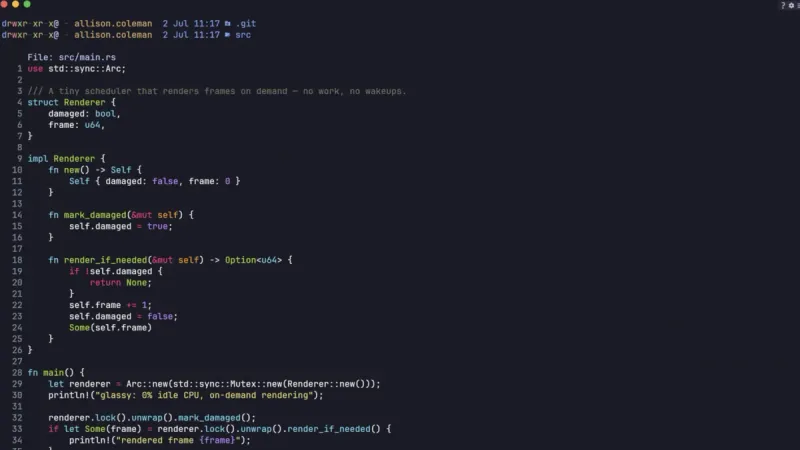 The Glassy terminal showing a directory listing and syntax-highlighted Rust source.