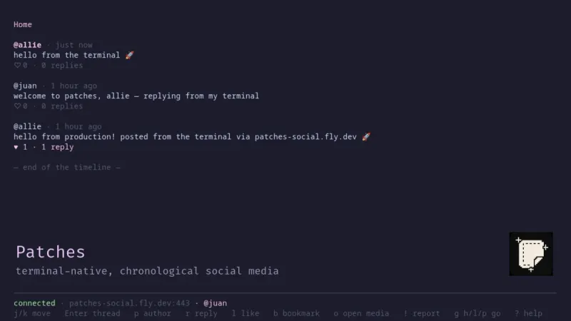 The Patches terminal client: a chronological home feed of three posts, connected to patches-social.fly.dev, with keyboard hints.