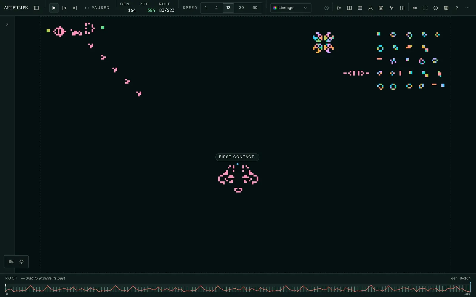 AFTERLIFE in its dark theme with the Lineage lens: gliders streaming from the top left, multicoloured still lifes and oscillators on the right, and two populations meeting under a First contact annotation at generation 164.