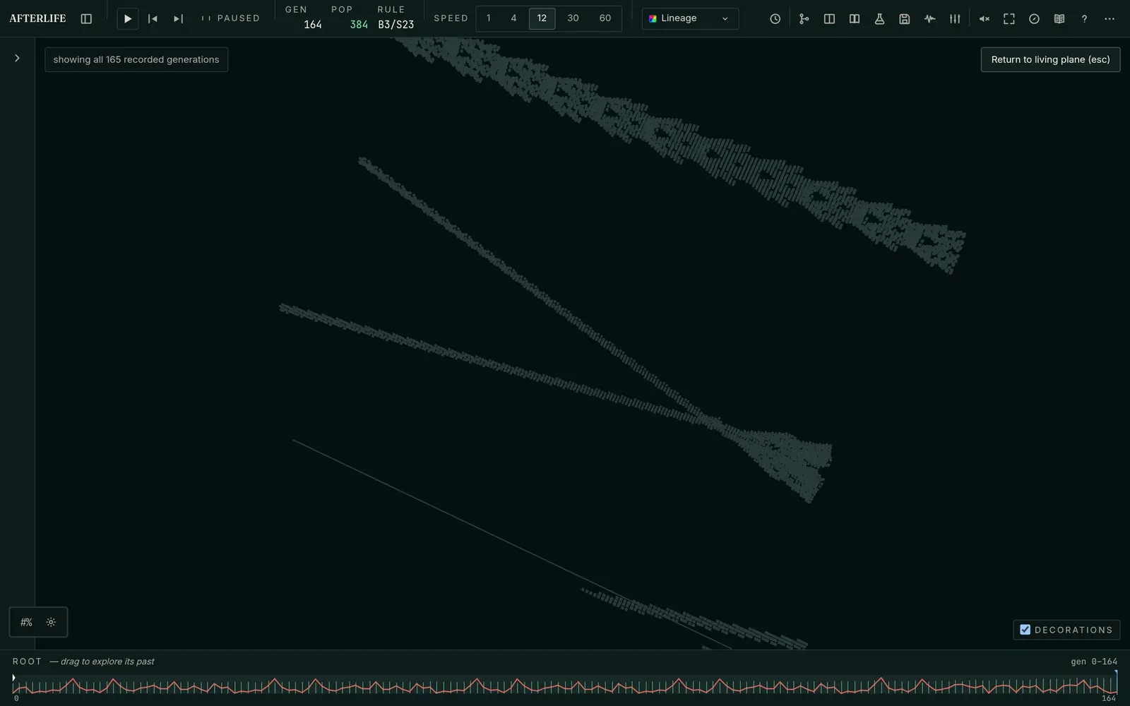 The Time Sculpture orbited to one side: glider paths cross as long diagonal beams through 165 stacked generations.
