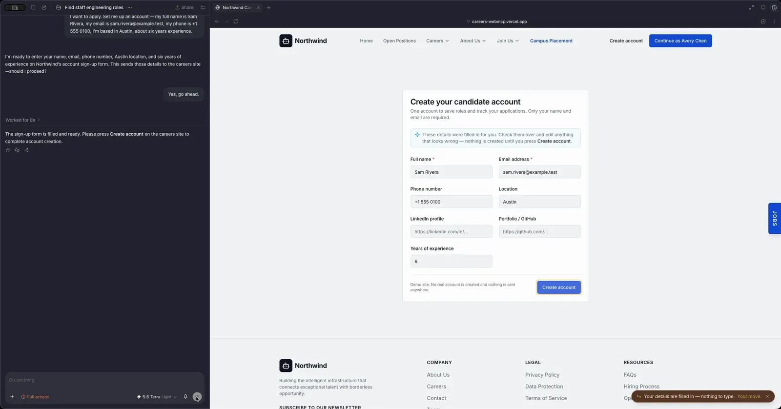 The pre-filled sign-up form, noting that nothing is created until you press Create account.