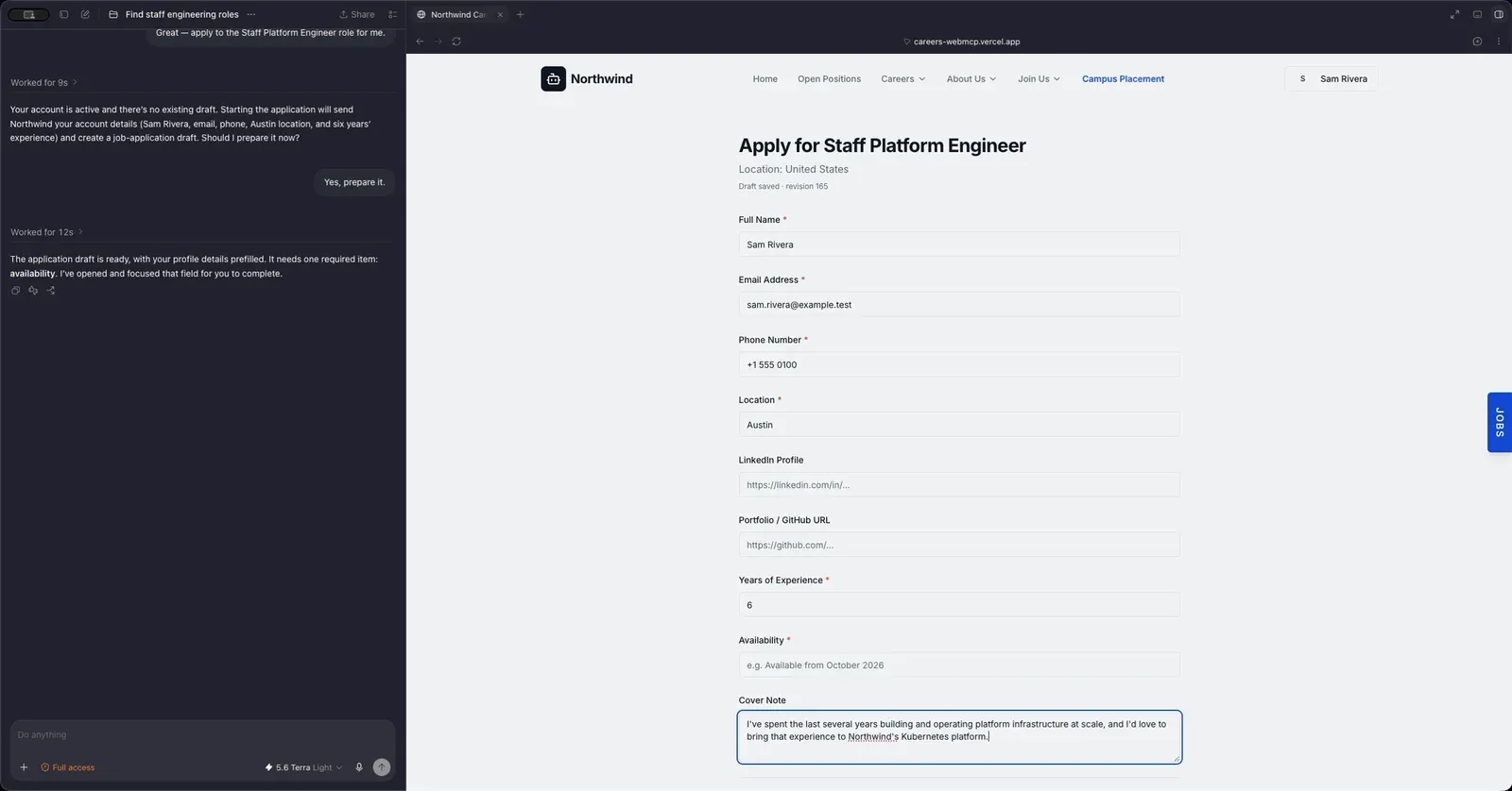 An agent has pre-filled a job application draft on the Northwind careers site; the person's own cover note sits in the form and the draft revision counter shows under the title.