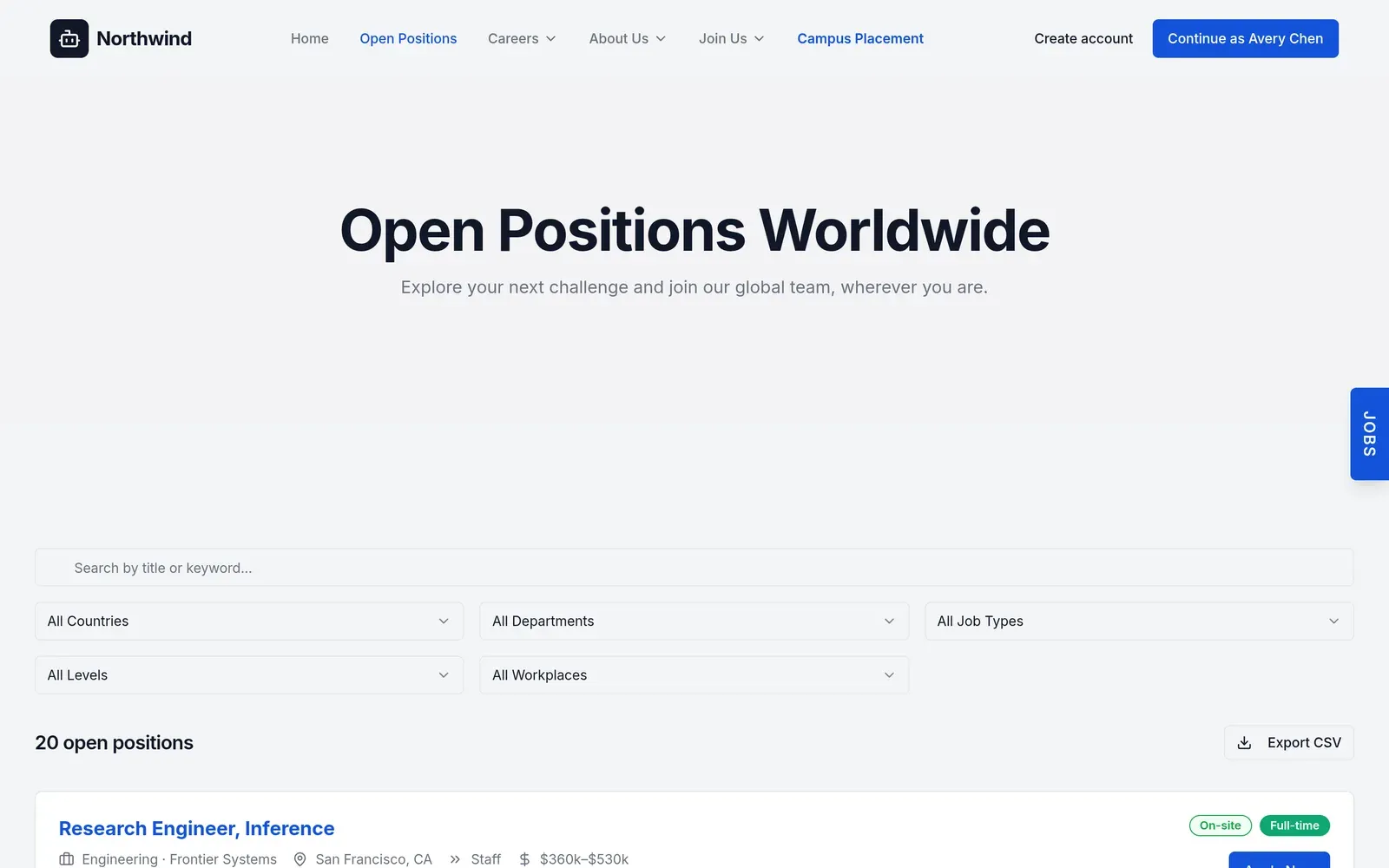 The live Northwind careers site: Open Positions Worldwide, with search, filters and 20 open positions.