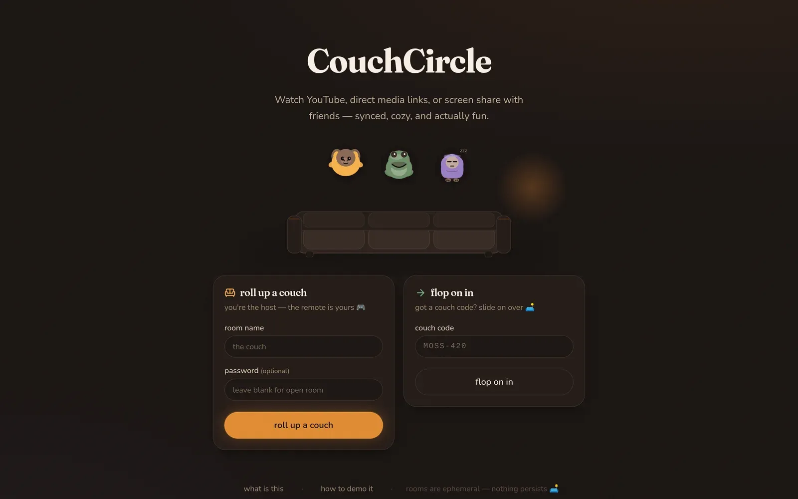 CouchCircle's landing page: three cartoon avatars above a couch, with cards to create a room or join one with a couch code.