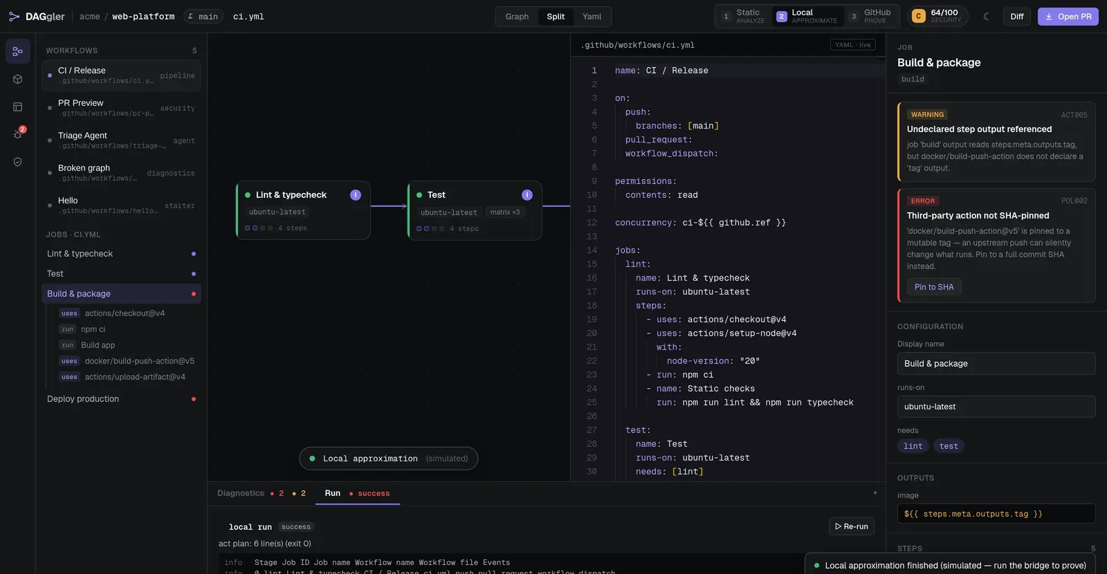 Daggler running a workflow locally with act and streaming the plan into the Run panel, labelled as a simulated approximation.