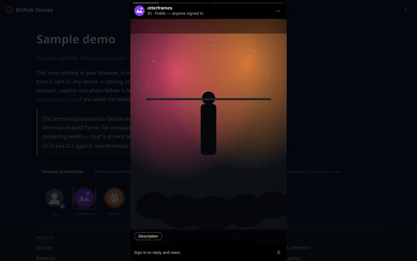 The GitHub Stories demo viewer playing a sample concert Story from the fictional account otterframes.