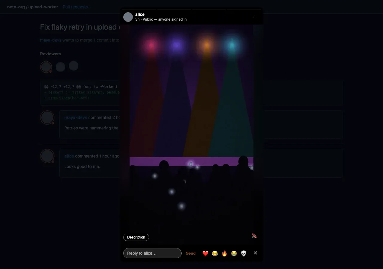 The GitHub Stories browser extension playing a concert Story over a pull request (fictional sample page and accounts).